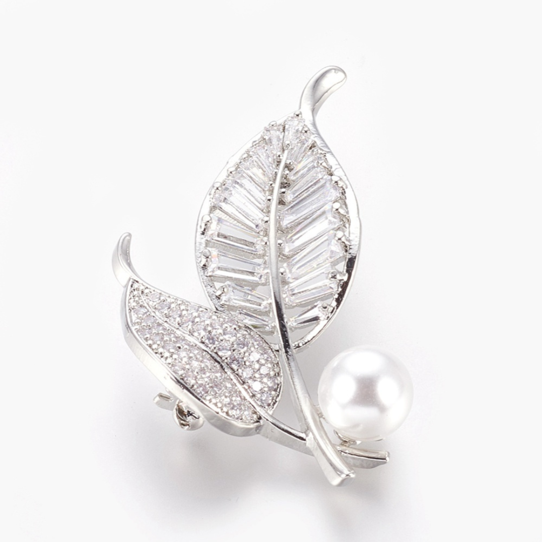 Leaf Brooch, clear zircons, 51x26.5mm, 1 pc.