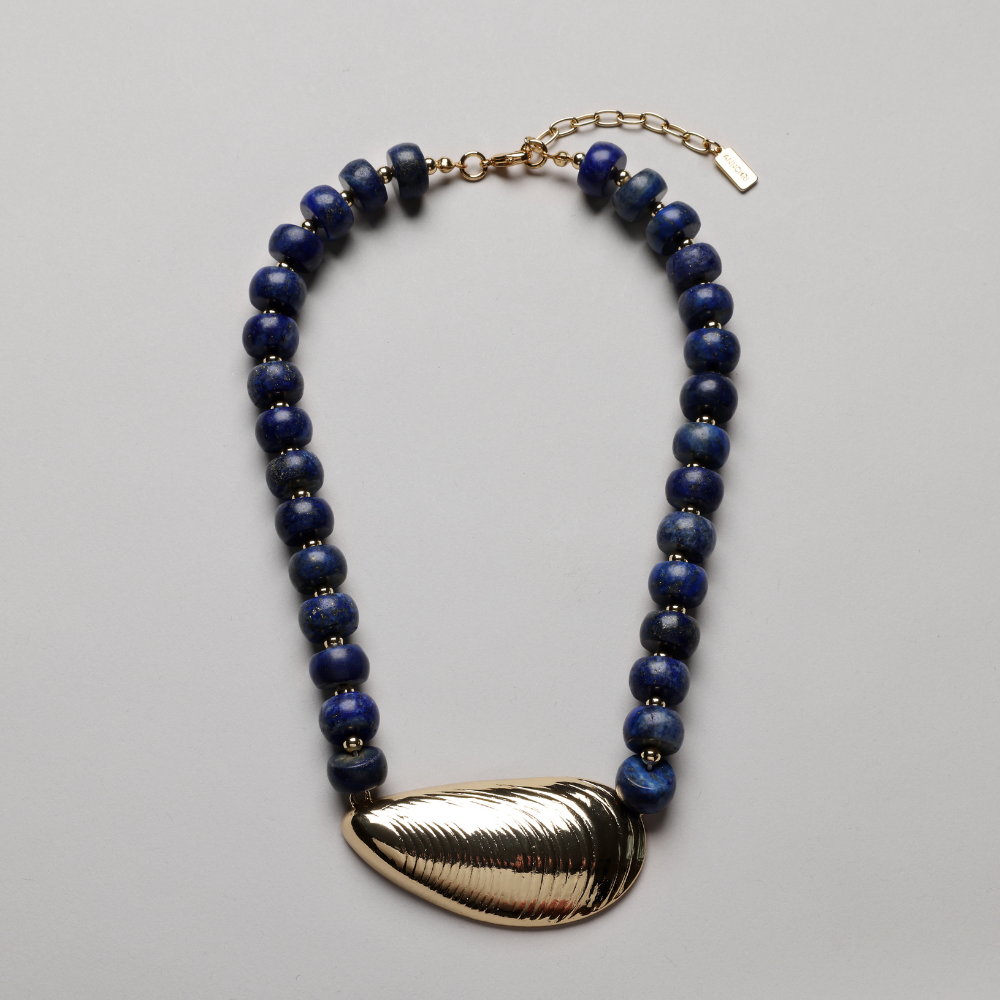 Gold mussel necklace, 18K Goldplated, Pyrit Lapis Stone