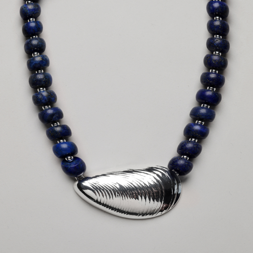 Silver Mussel Necklace, 925S Silverplated, Pyrit Lapis Stone