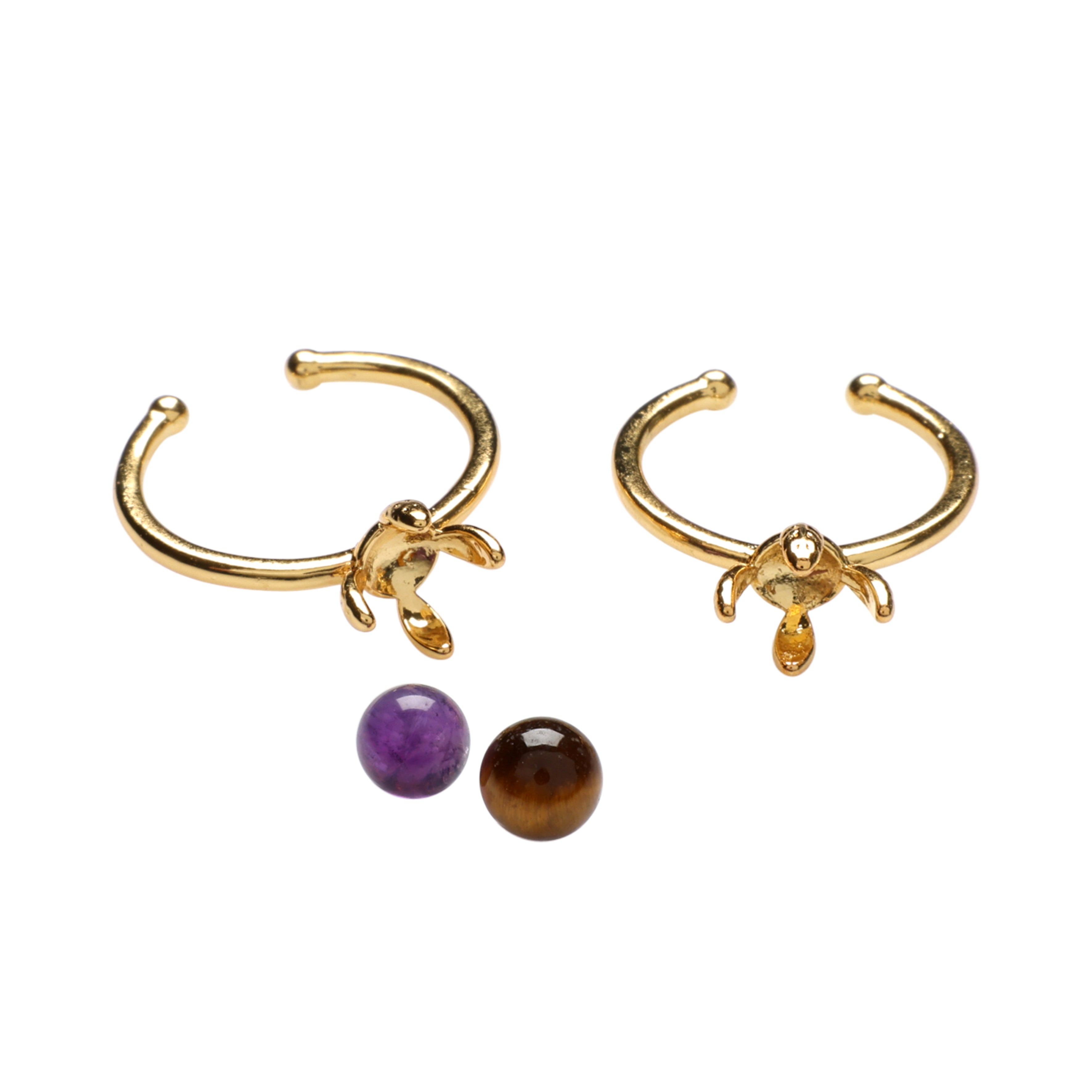 Finger ring x 2, Size 52 + 56 + 1 pc. Amethyst and 1 pc. Tiger's eye, 18K gold-plated