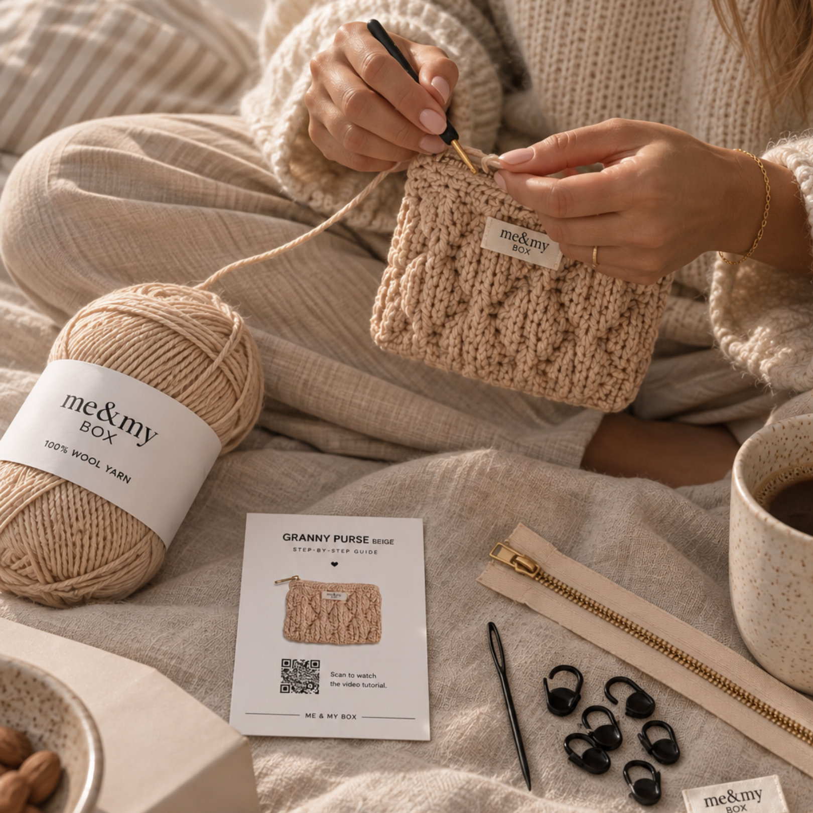 Granny pung, beige, Diy hækle box