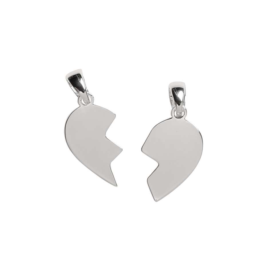Pendant - 2 pcs, half hearts, 925S Sterling silver plated