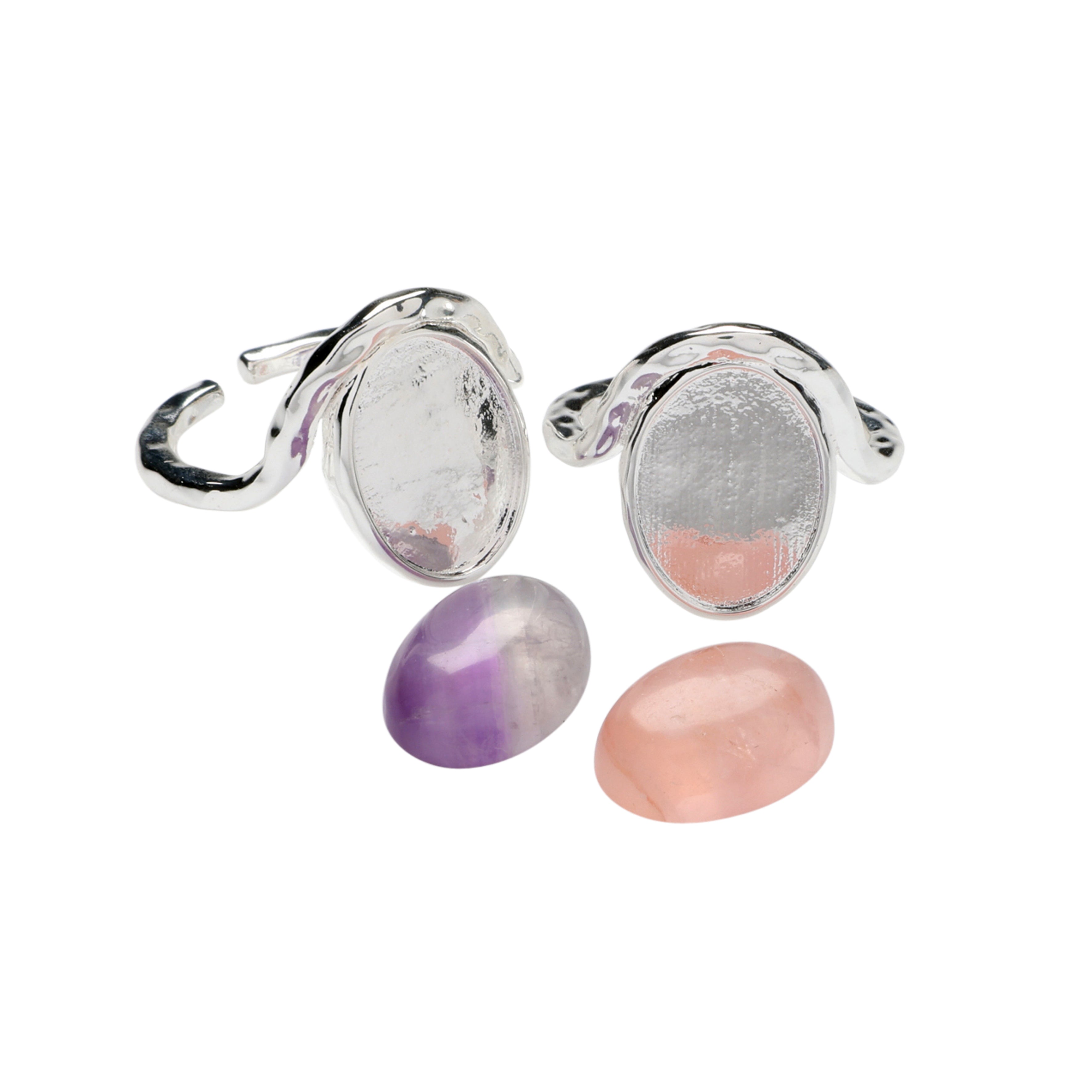 Finger Ring, 925S Sterling Silver Plated x 2, Size 52 + 56 + 1 pc. Amethyst and 1 pc. Rose Quartz