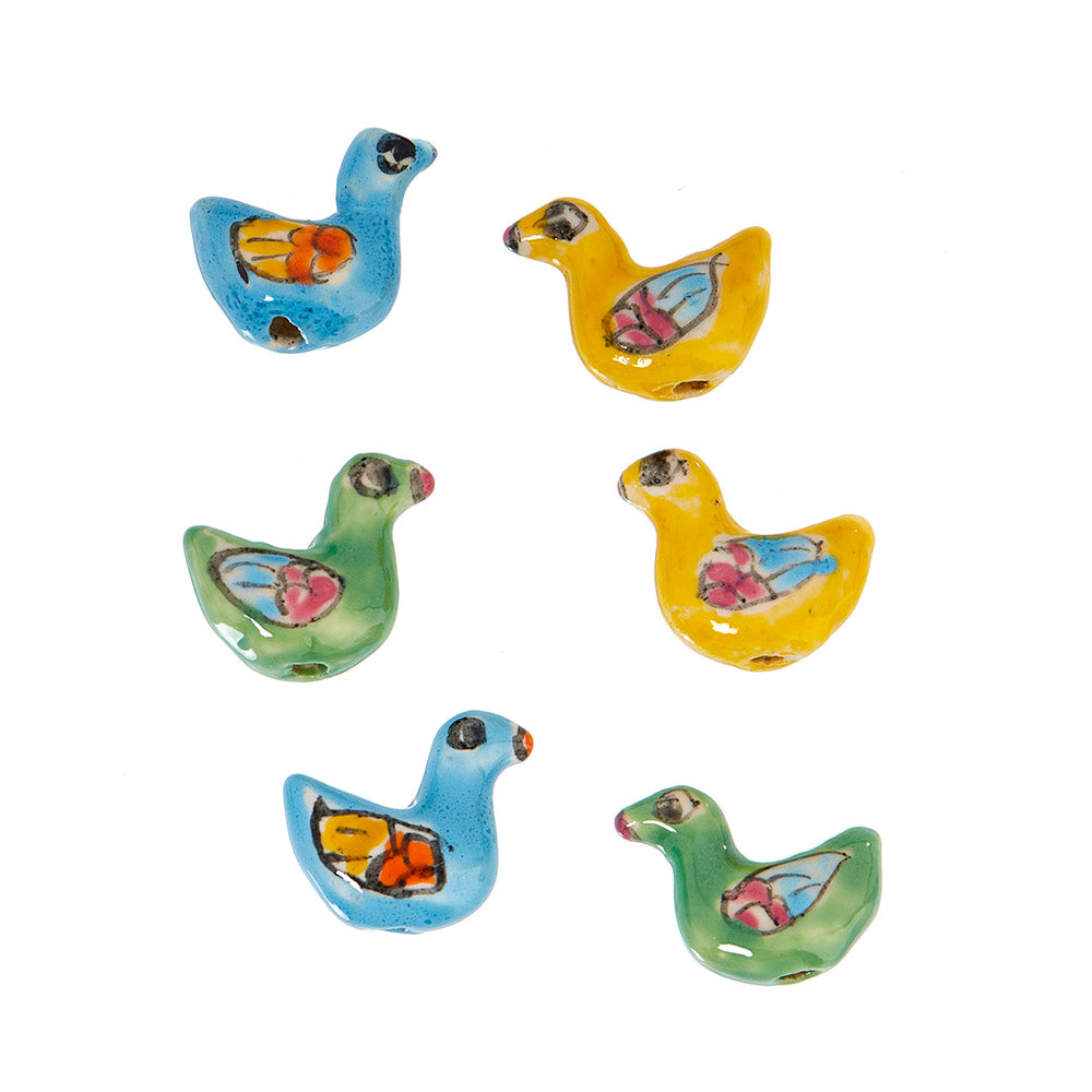 Birds in porcelain - 6 pcs, 16 x 8 mm, 2 x yellow, 2 x blue, 2 x green